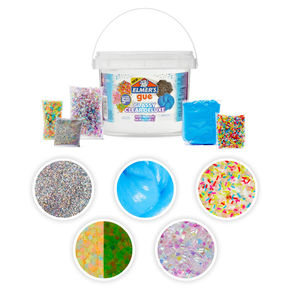 Comparación de tamaño: cubeta Elmer's de 3 lb junto a manos para mostrar escala y cantidad