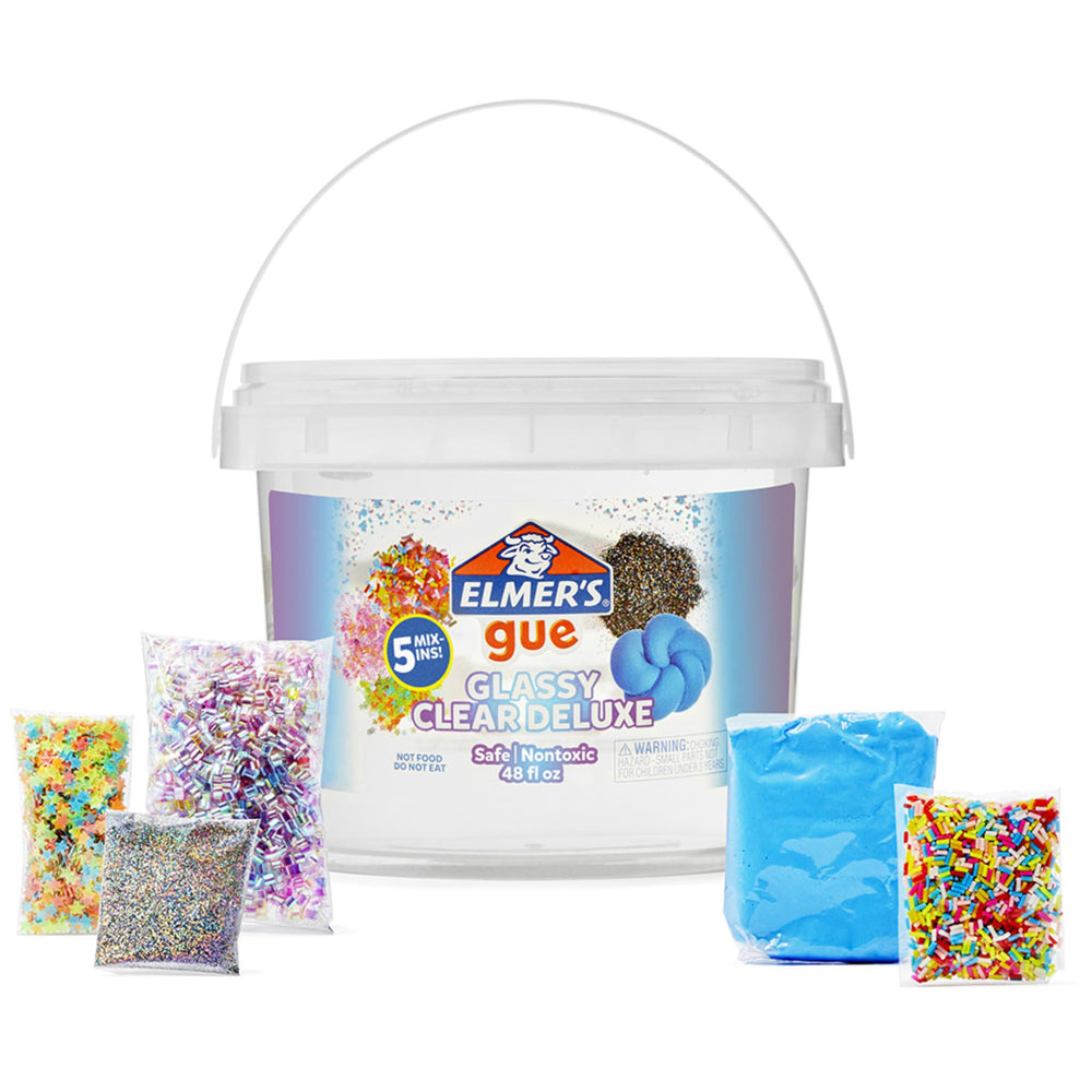 Elmer's cubeta frontal Glassy Clear mostrando 3 lb y etiqueta visible, ideal para compartir
