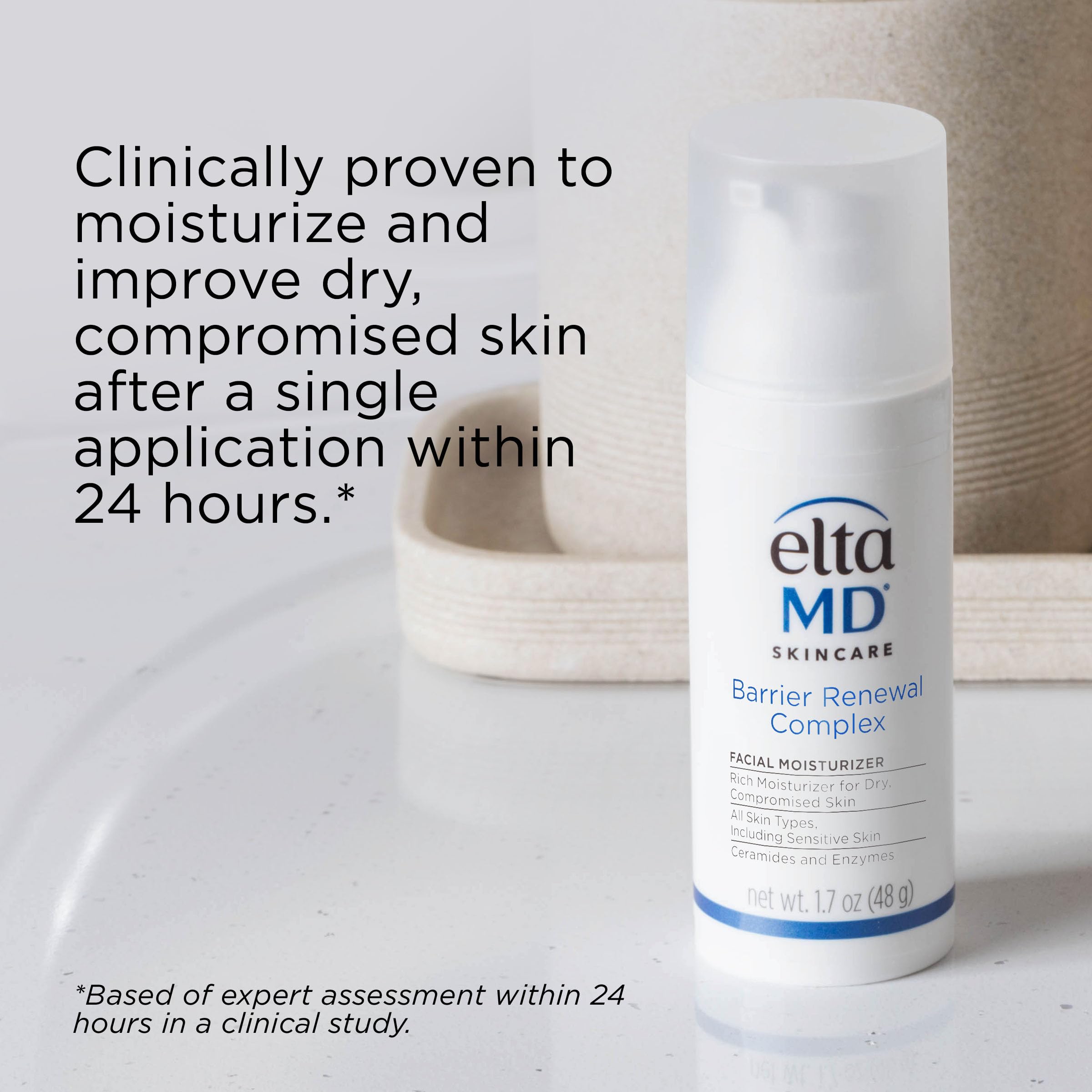 EltaMD envase 1.7 oz junto a objetos cotidianos para referencia de tamaño