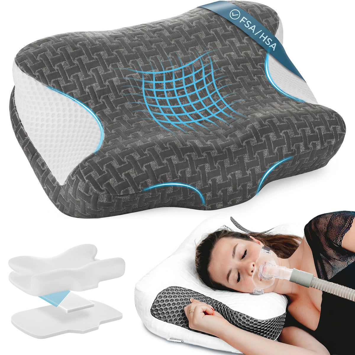 Elviros vista frontal del cojín mostrando forma ergonómica y beneficio de soporte