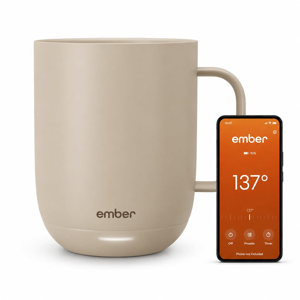 Ember Mug 2 frontal en sandstone mostrando diseño y confort