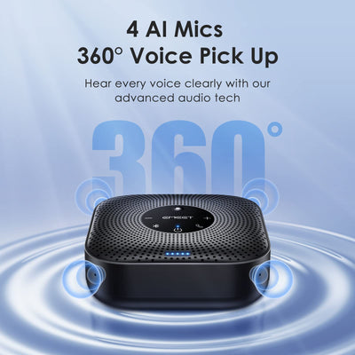 EMEET M0 Plus top view highlighting four‑mic array for 360 degree voice pickup benefit
