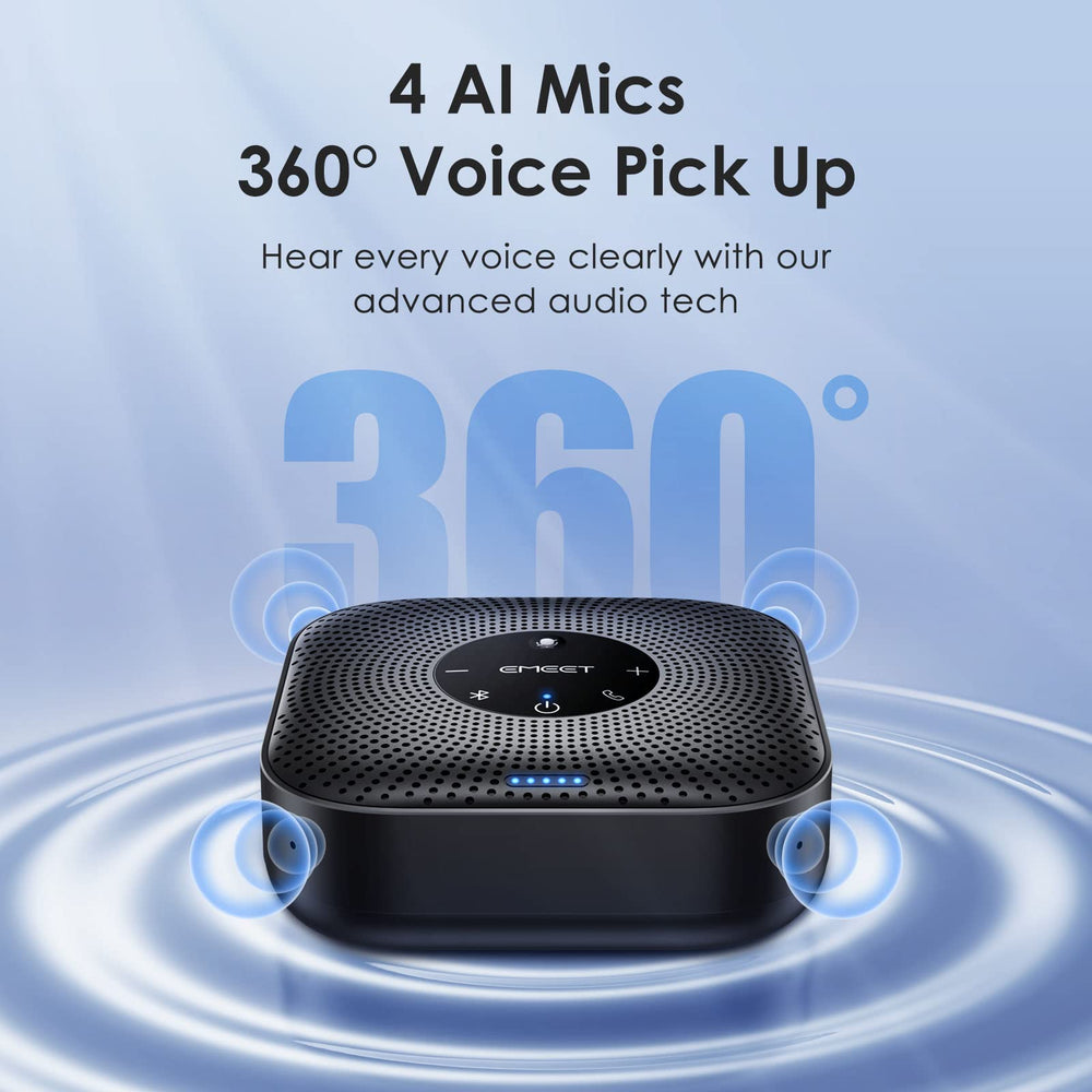 EMEET M0 Plus top view highlighting four‑mic array for 360 degree voice pickup benefit