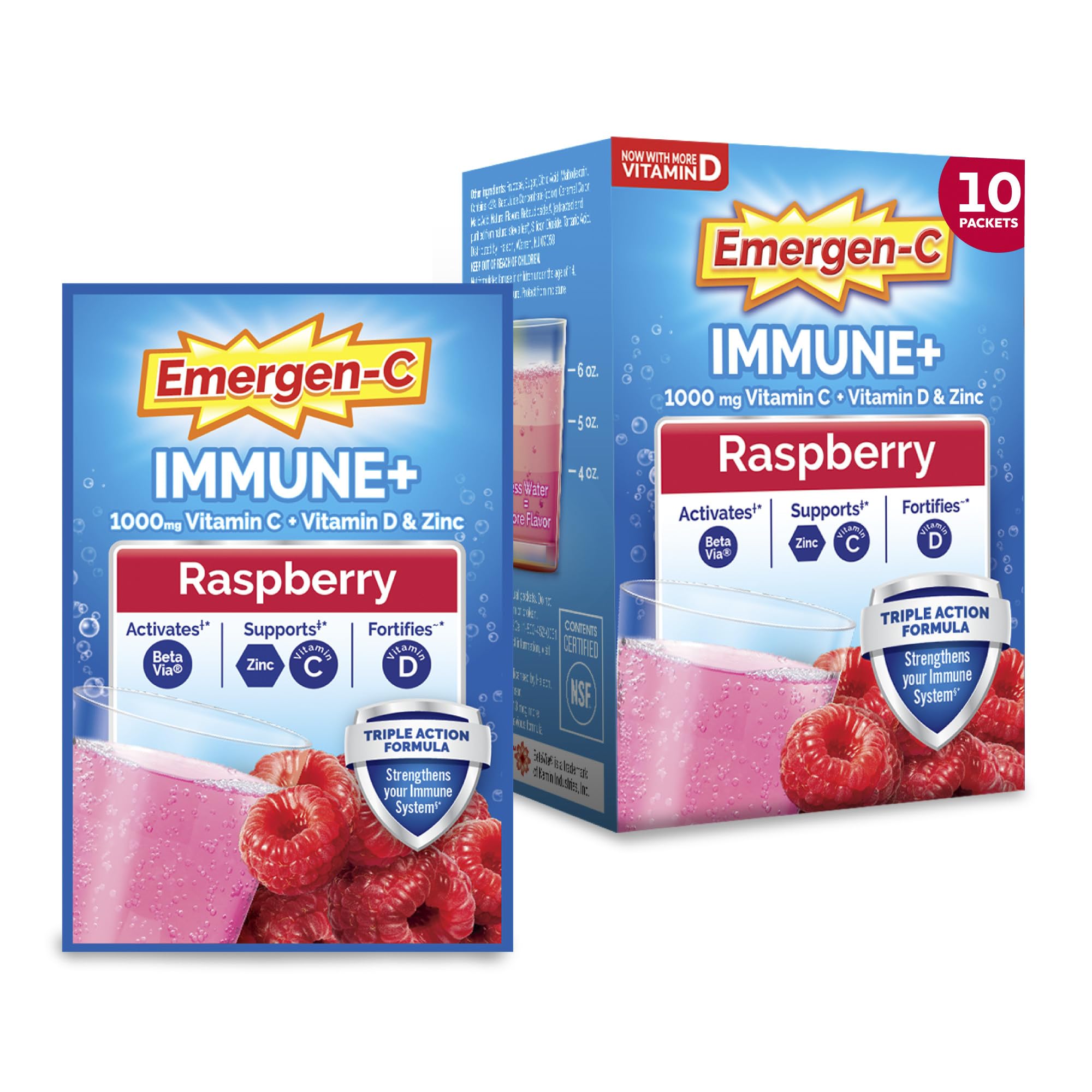 Emergen-C frente del empaque mostrando soporte inmune y sabor frambuesa