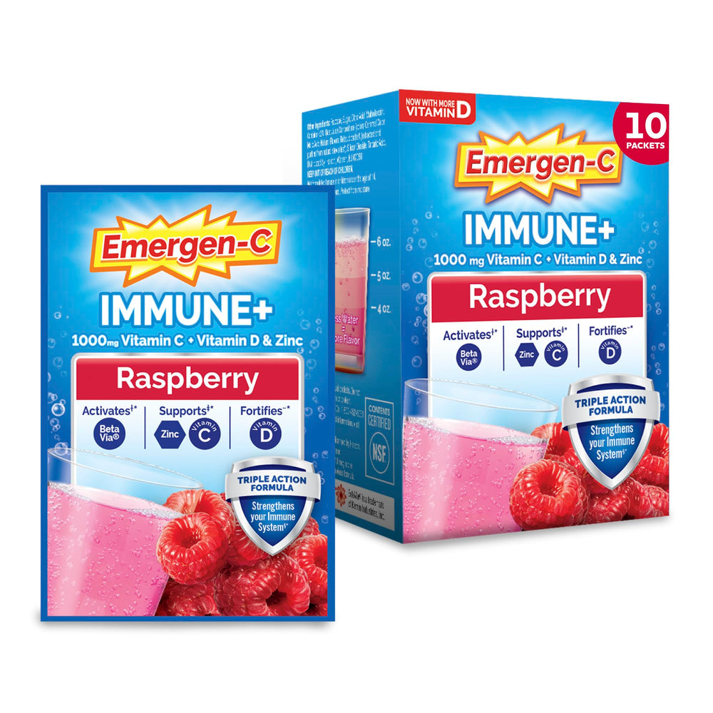 Emergen-C frente del empaque mostrando soporte inmune y sabor frambuesa