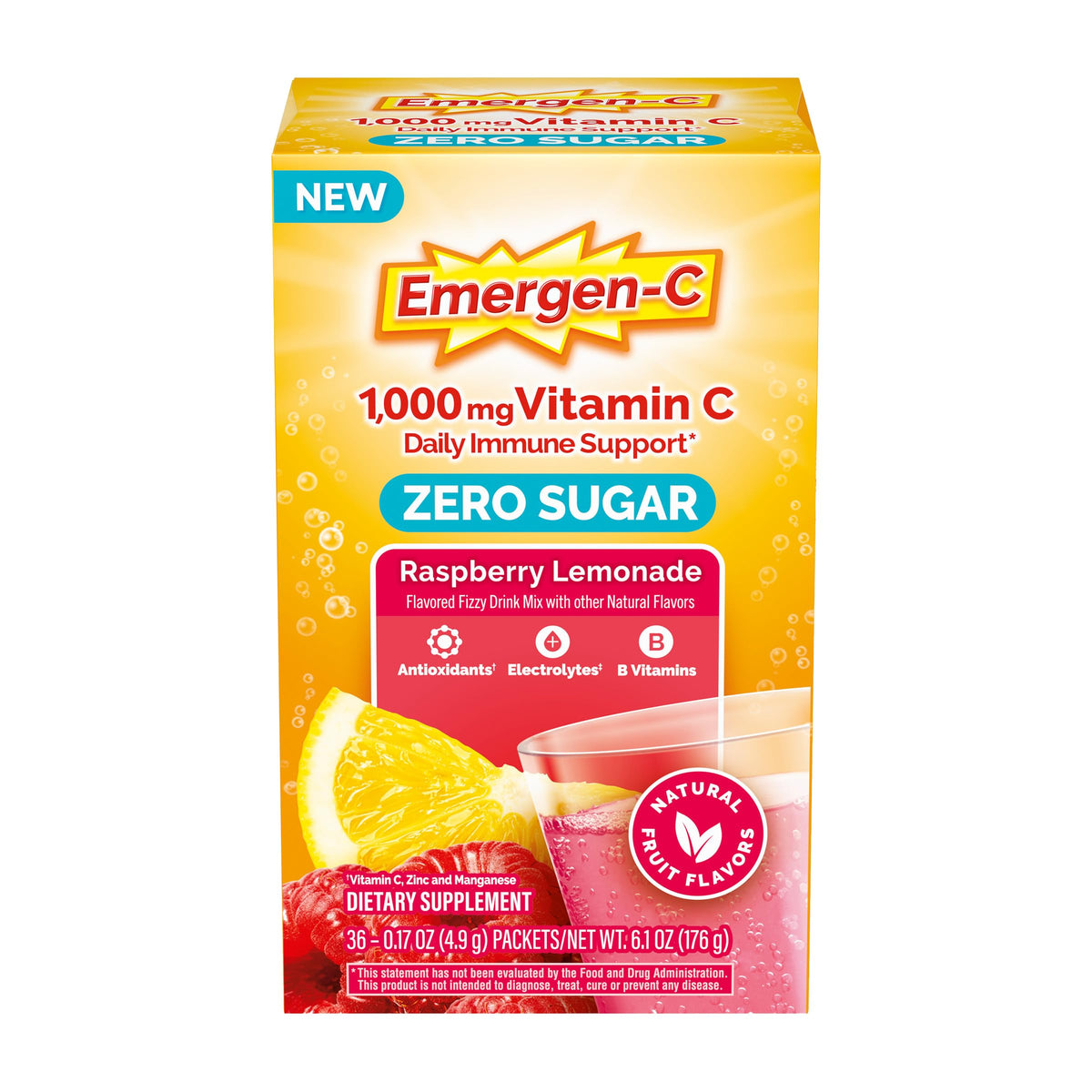 Emergen-C frente del paquete mostrando 36 sobres y beneficios