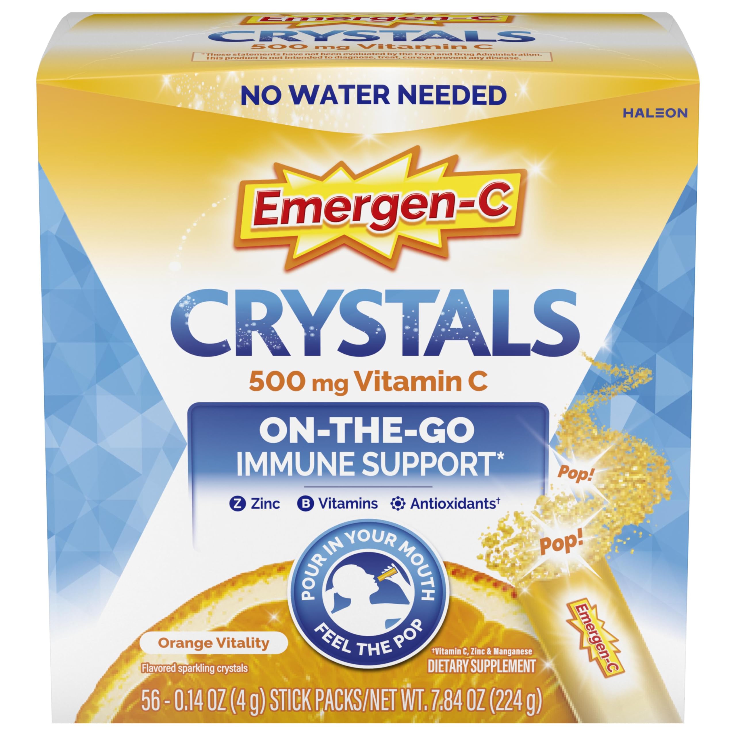 Emergen-C frente del paquete naranja mostrando 56 sobres y conveniencia