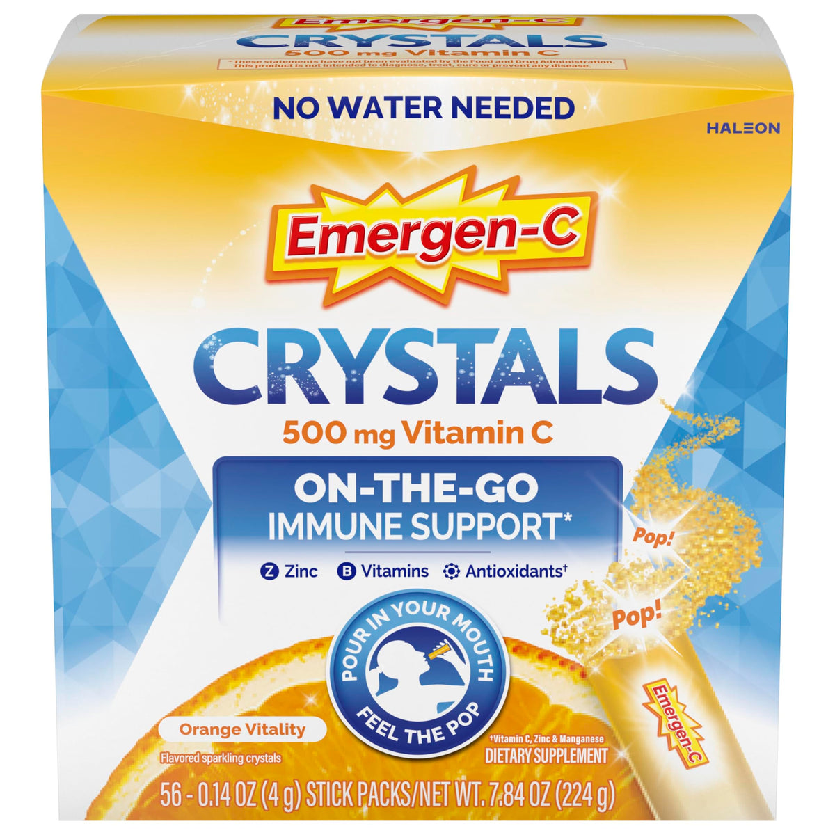 Emergen-C frente del paquete naranja mostrando 56 sobres y conveniencia