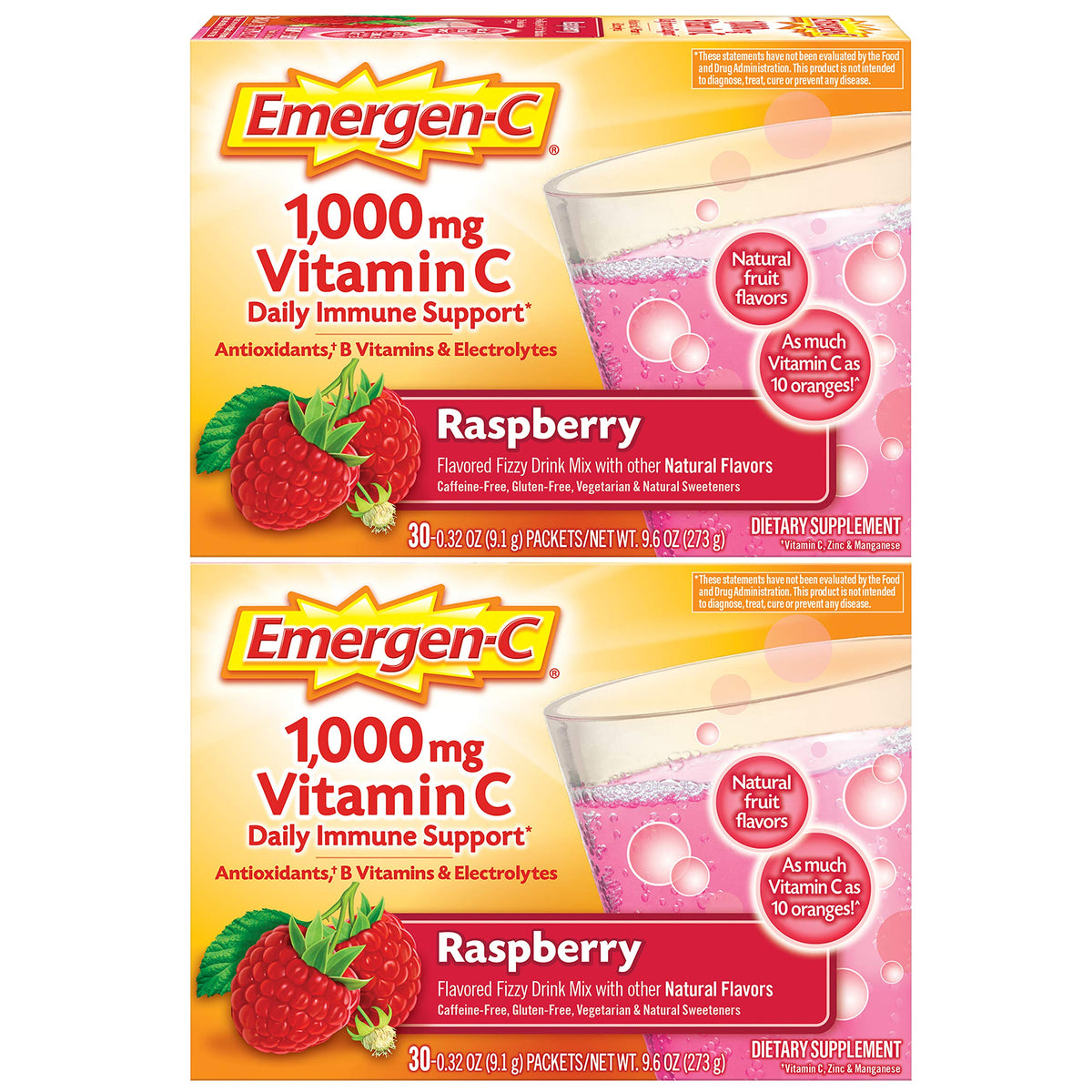 Emergen-C envase frontal frambuesa mostrando 60 sobres y beneficio práctico