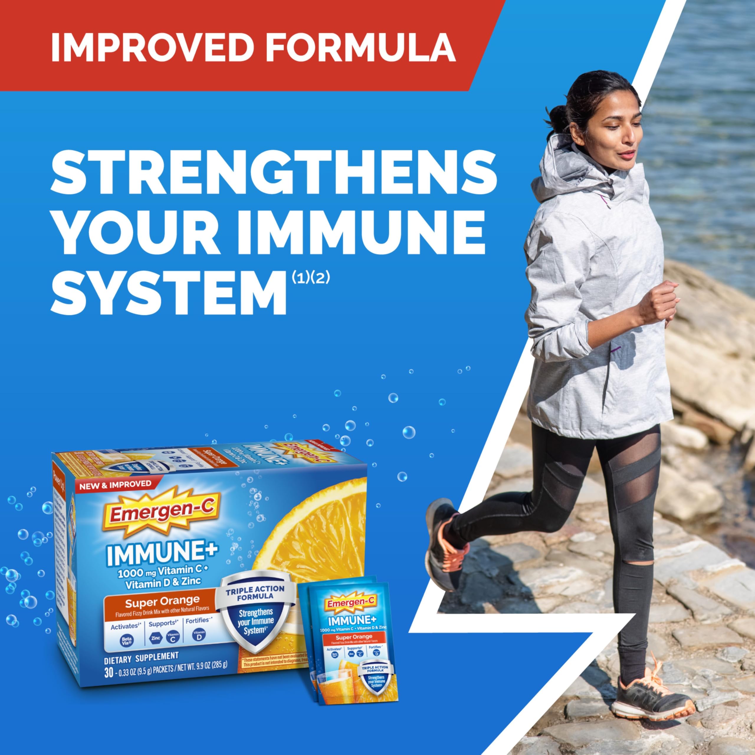 Emergen-C packet powder pouring into hand demonstrating convenient daily use