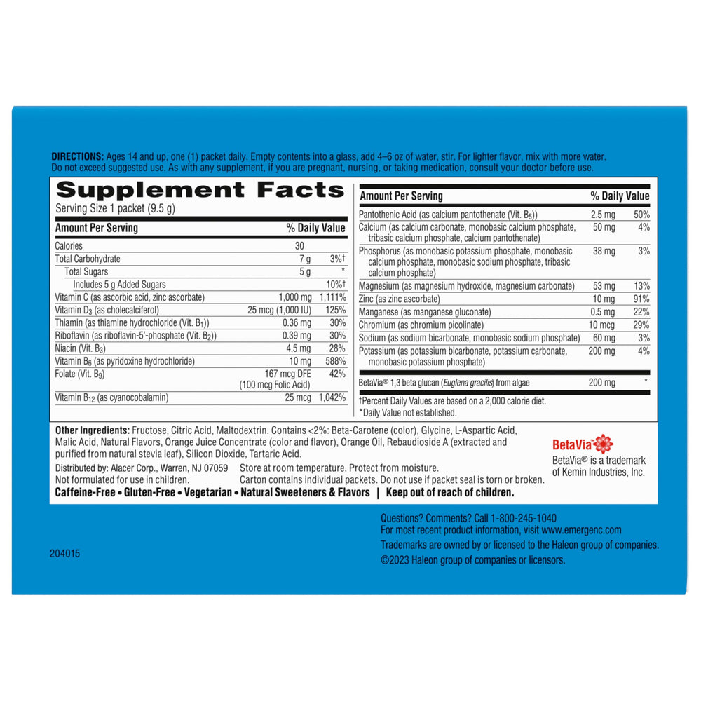 Emergen-C packets lined inside box showing full fifty-count supply convenience