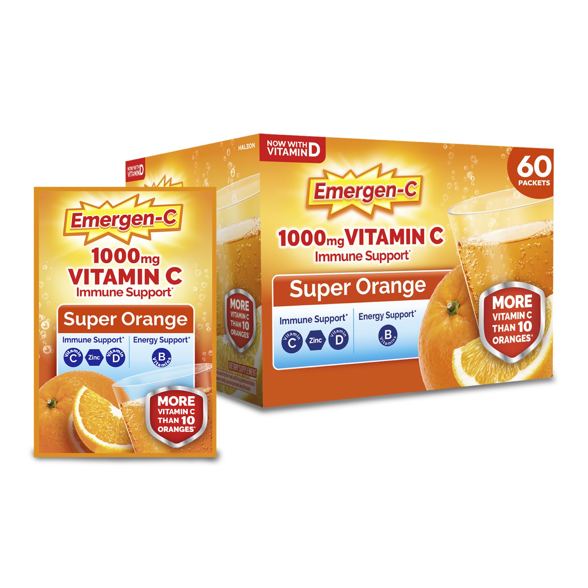 Emergen-C empaque frontal Super Orange mostrando 60 sobres y beneficios