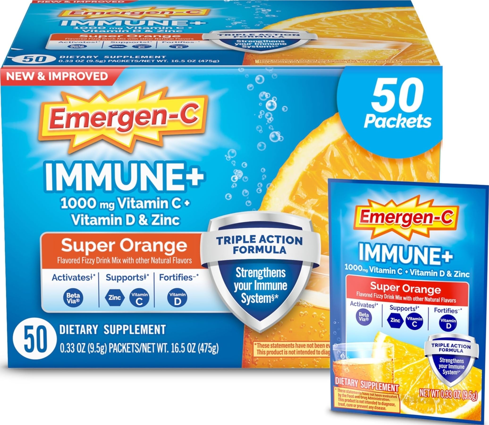 Emergen-C Super Orange front packaging showing product identity and servings benefit