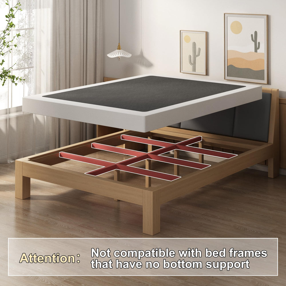 EMODA box spring next to tape measure showing dimensions benefit: fits full-size mattresses