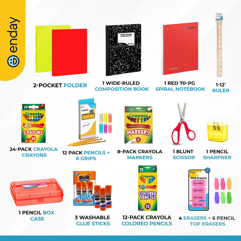 Enday notebooks and two-pocket folders organized for quick use