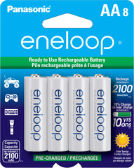 Eneloop paquete frontal mostrando las 8 pilas y beneficio de lista para usar