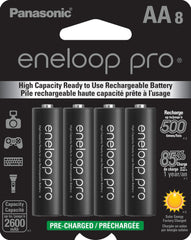 eneloop Panasonic vista frontal del paquete mostrando 8 pilas y beneficios