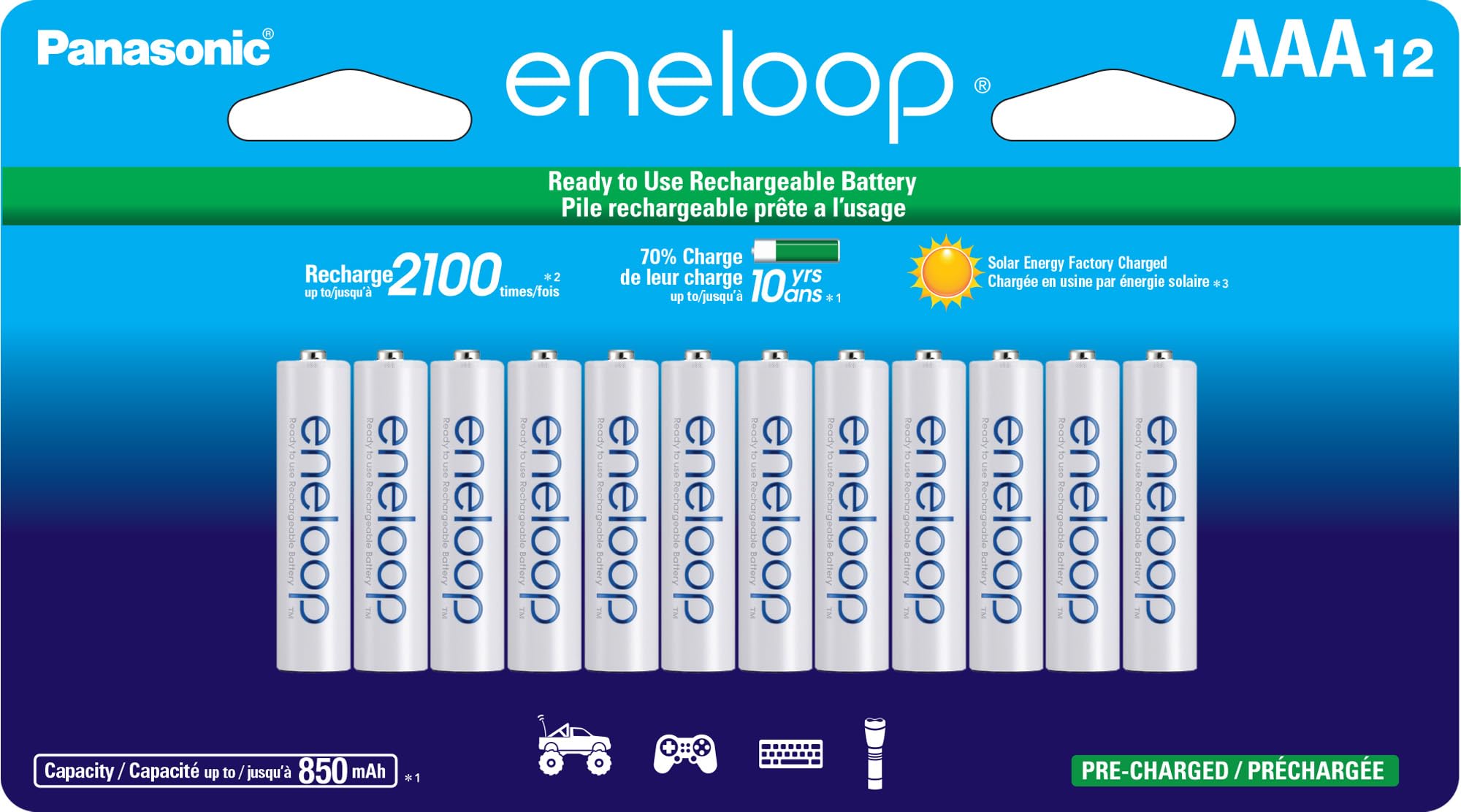 Eneloop paquete frontal mostrando 12 baterías listos para usar