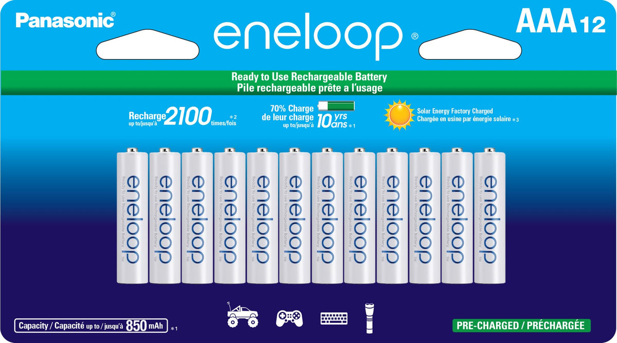 Eneloop paquete frontal mostrando 12 baterías listos para usar