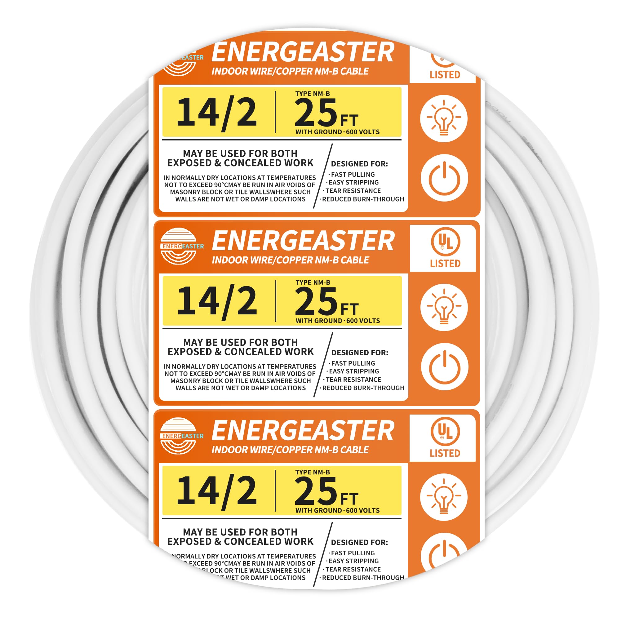 energeaster frente del rollo mostrando cable 25 ft para instalación interior