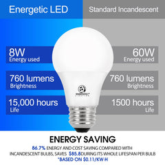 E ENERGETIC LIGHTING bulb lit in standard lamp showing instant-on warm lighting benefit