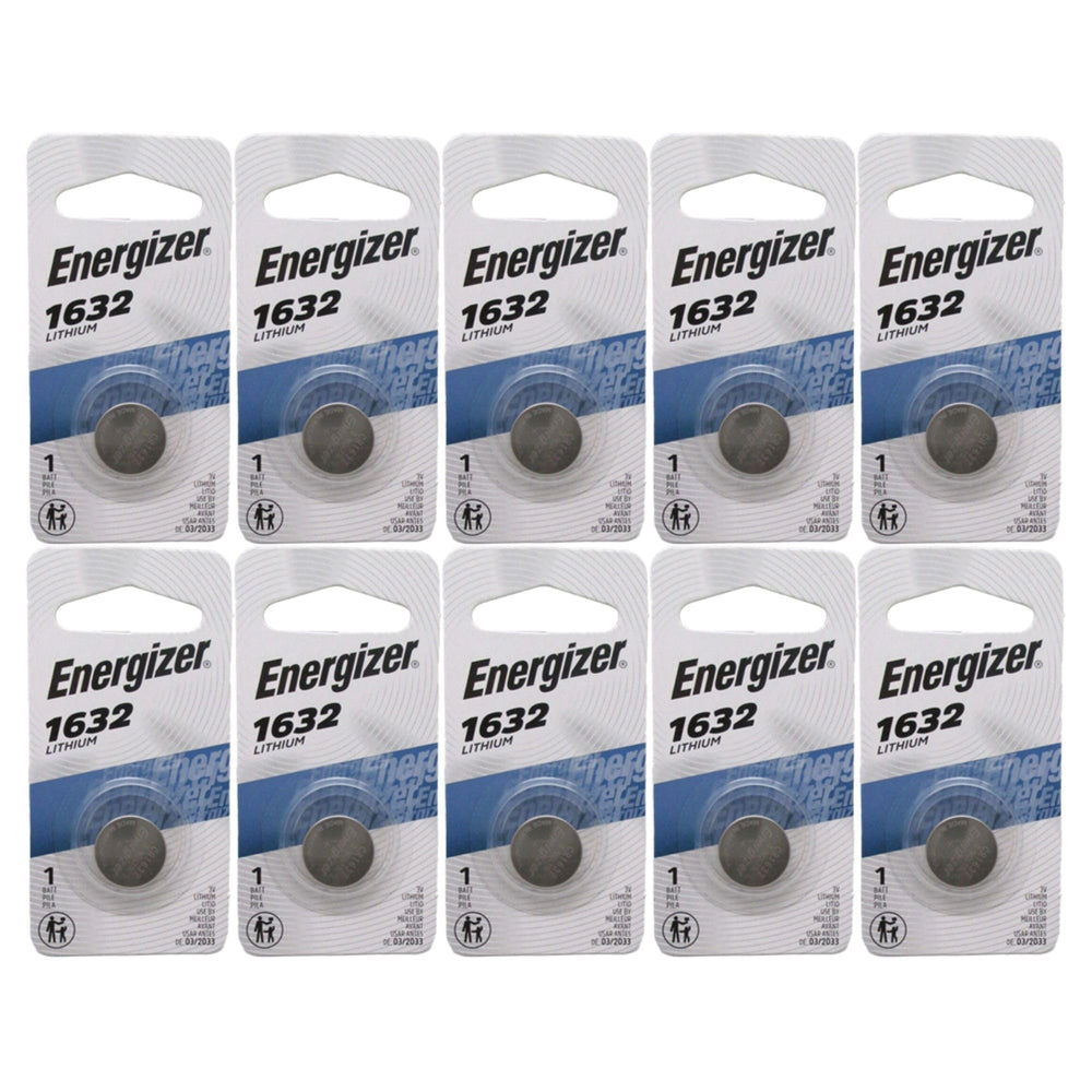 Energizer CR1632 frontal del empaque mostrando 10 pilas y facilidad de almacenamiento
