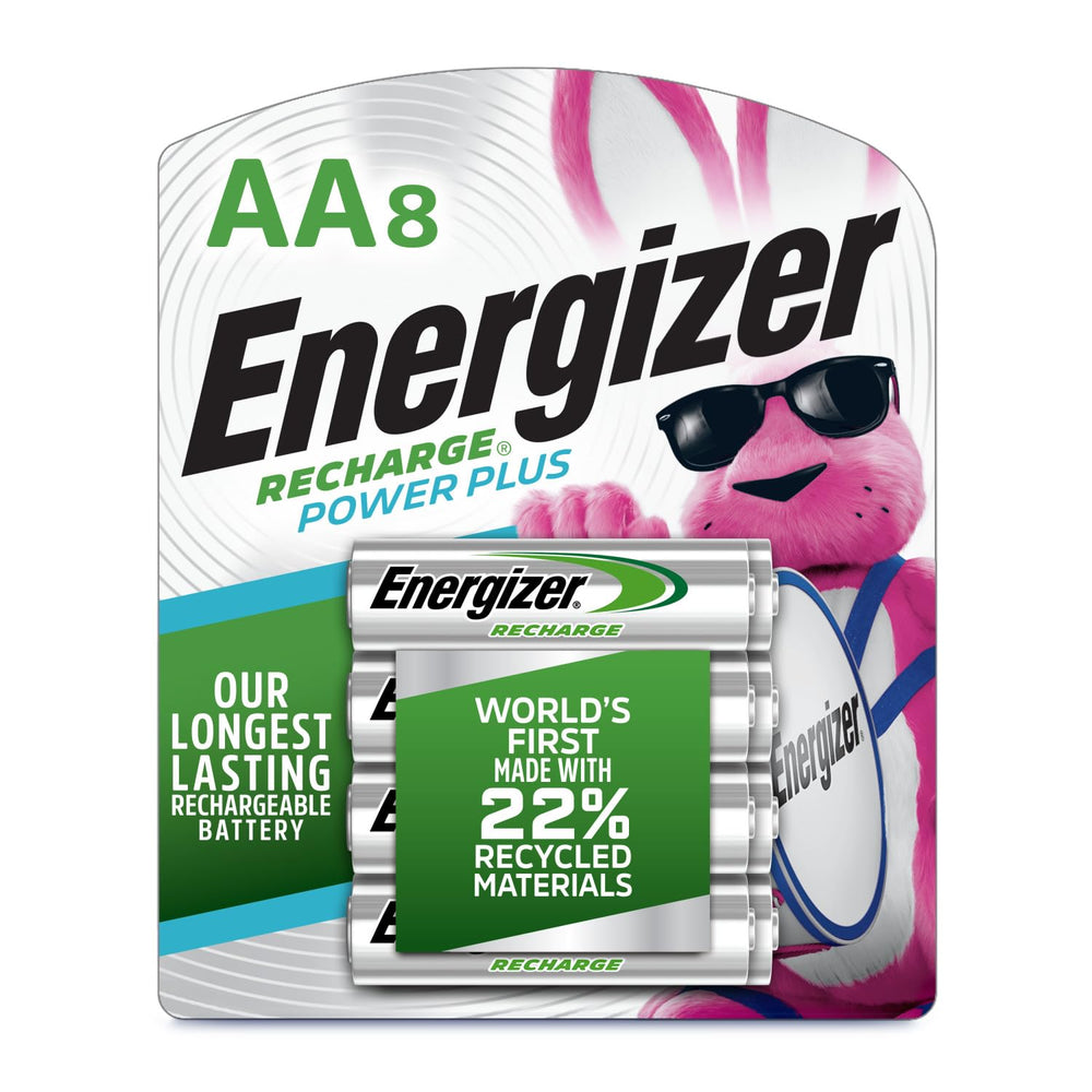 Energizer pack frontal mostrando ocho pilas AA y etiquetado claro