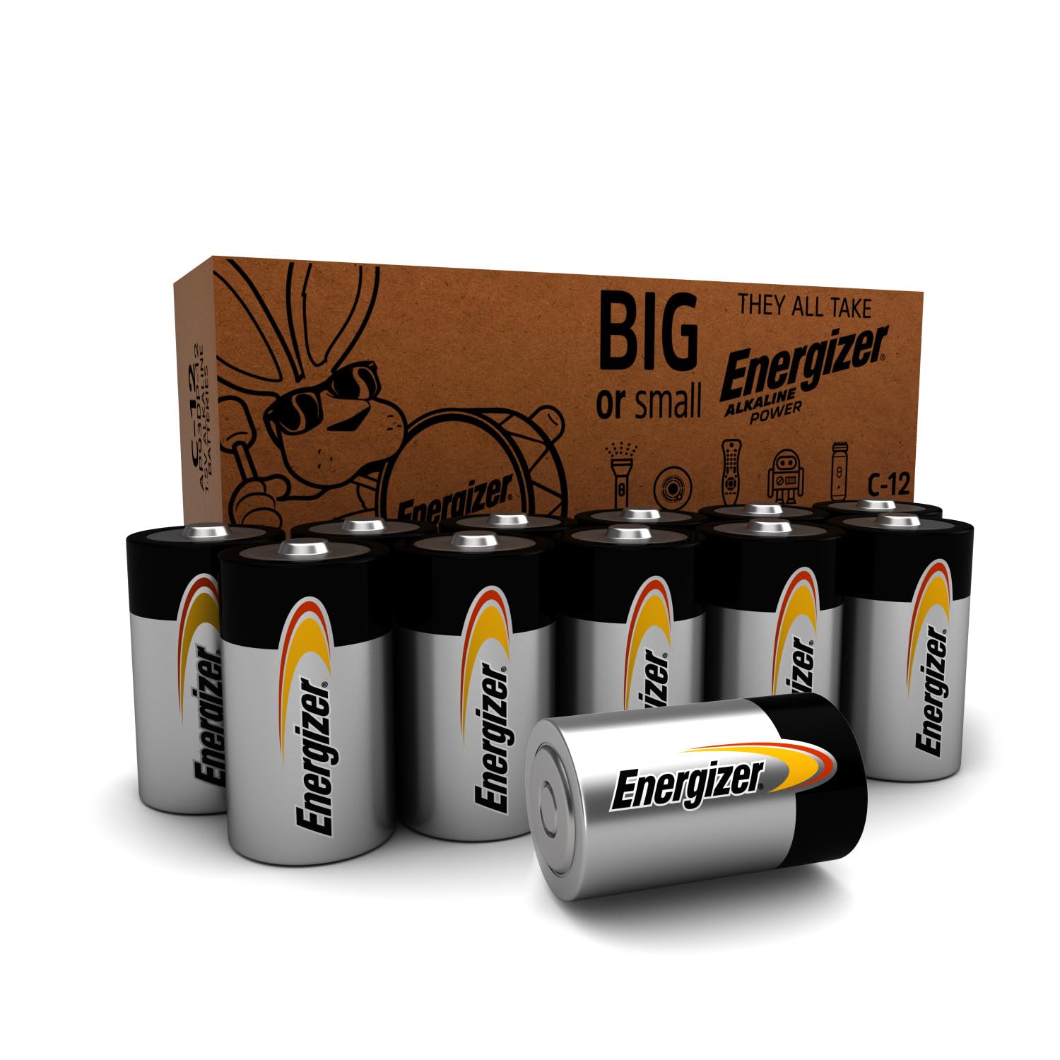Energizer paquete frontal mostrando 12 pilas C, confiabilidad inmediata