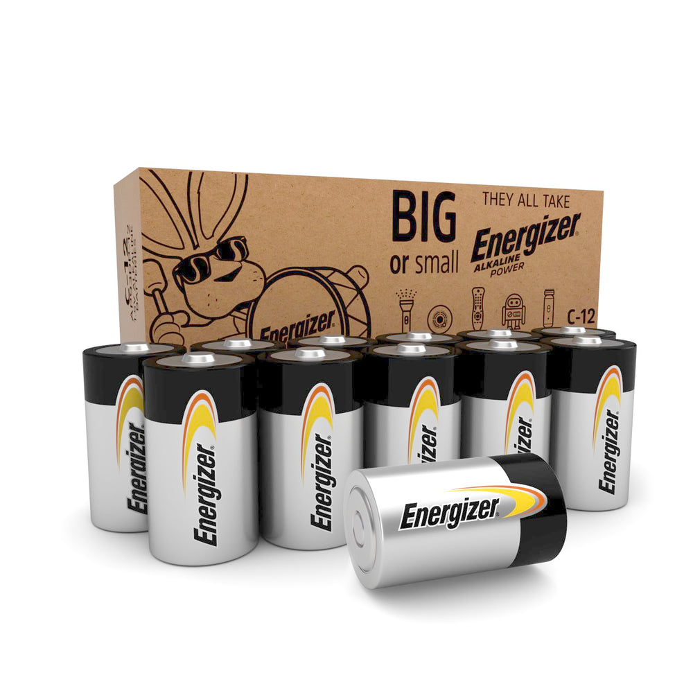 Energizer paquete frontal mostrando 12 pilas C, confiabilidad inmediata