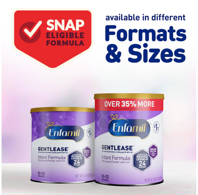 Enfamil Gentlease can beside infant toy showing 27.7 oz scale