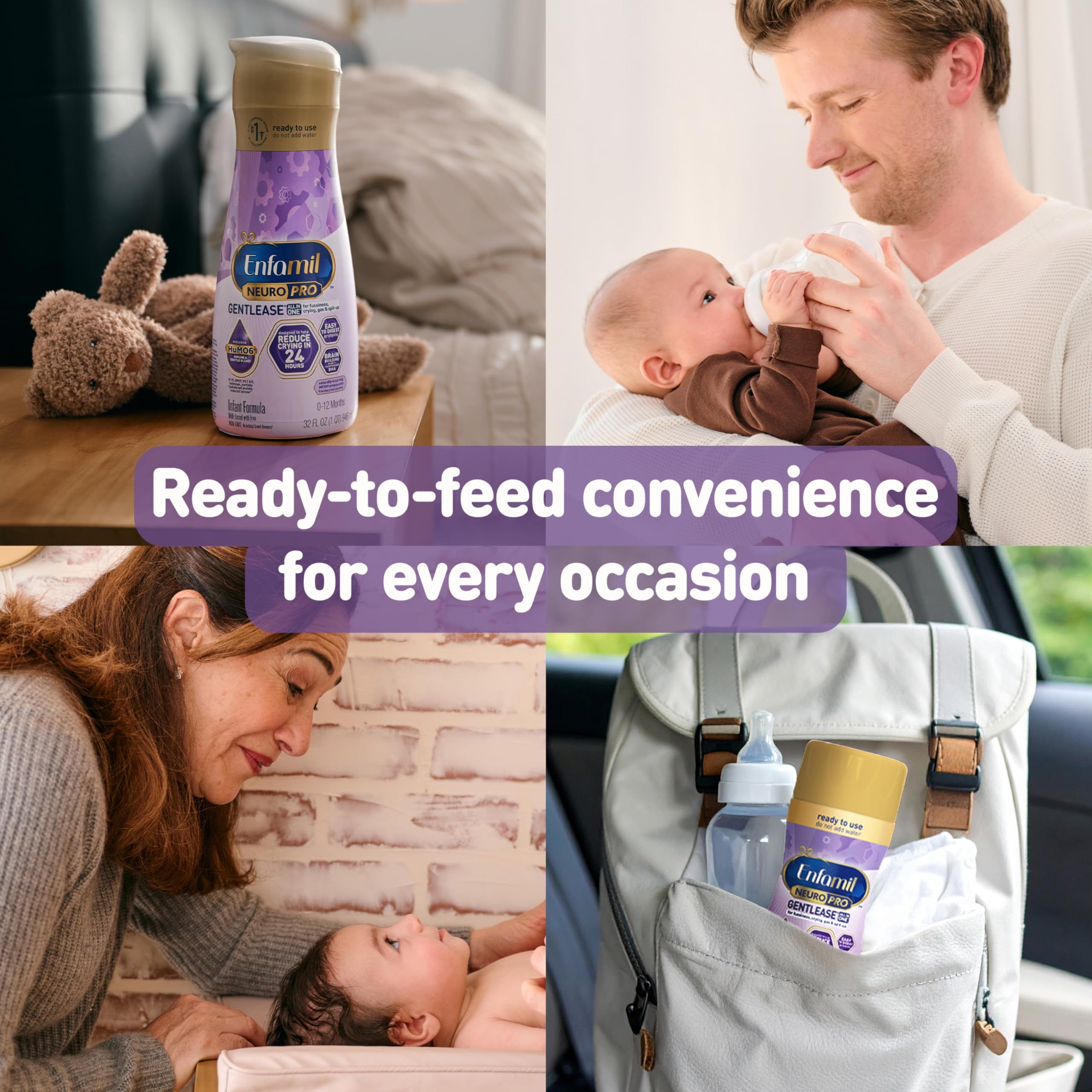Enfamil NeuroPro escena nocturna con bebé alimentándose para tomas prácticas y seguras