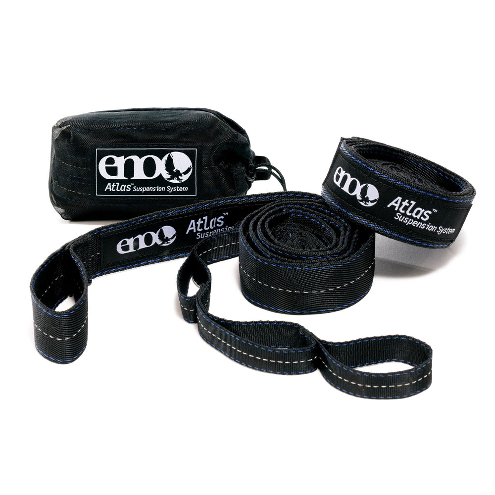 ENO Atlas front view in black and royal showing compact strap set and carabiner, ideal for quick hangs