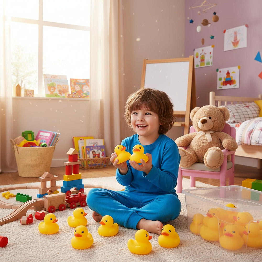 Ensbelei bebé sosteniendo patito promoviendo juego y coordinación