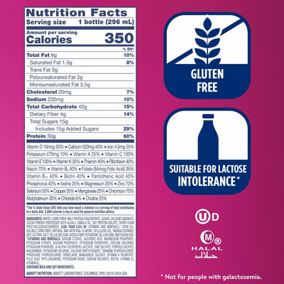 Etiqueta nutricional Ensure Chocolate con 30 g proteína y 25 vitaminas