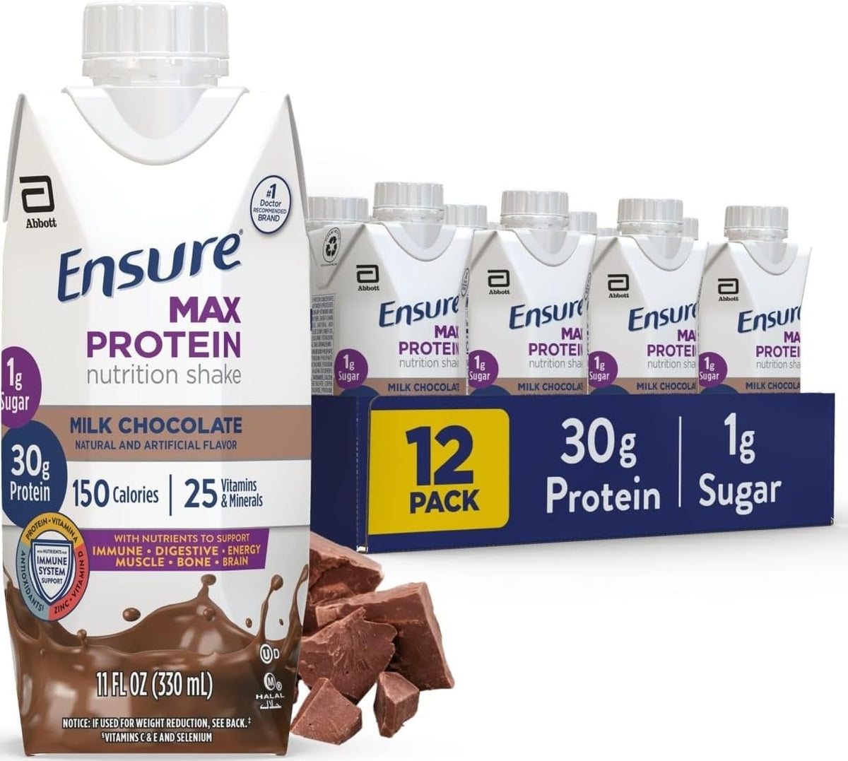 Ensure bottle front packaging showing milk chocolate flavor and benefits