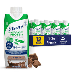 Ensure bottle front packaging showing chocolate flavor and plant protein benefits
