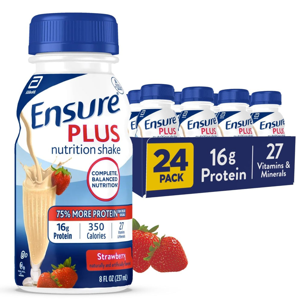 Ensure Plus strawberry front packaging showing bottle and brand for quick nutrition
