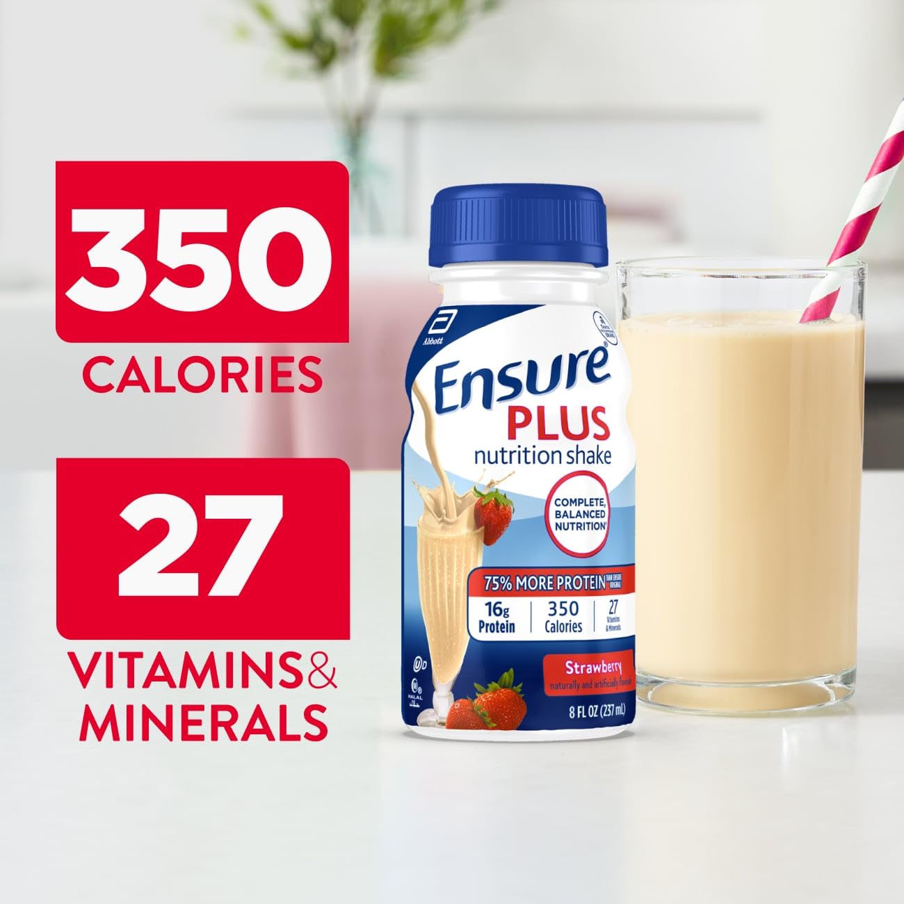 Ensure Plus strawberry served in a glass for a convenient tasty snack option