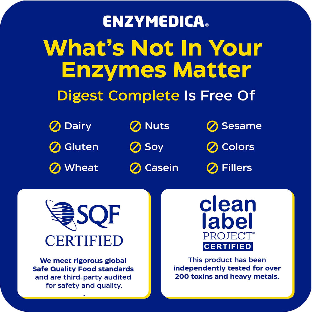 perfil lateral del empaque de Enzymedica Digest Complete con diseño y advertencias