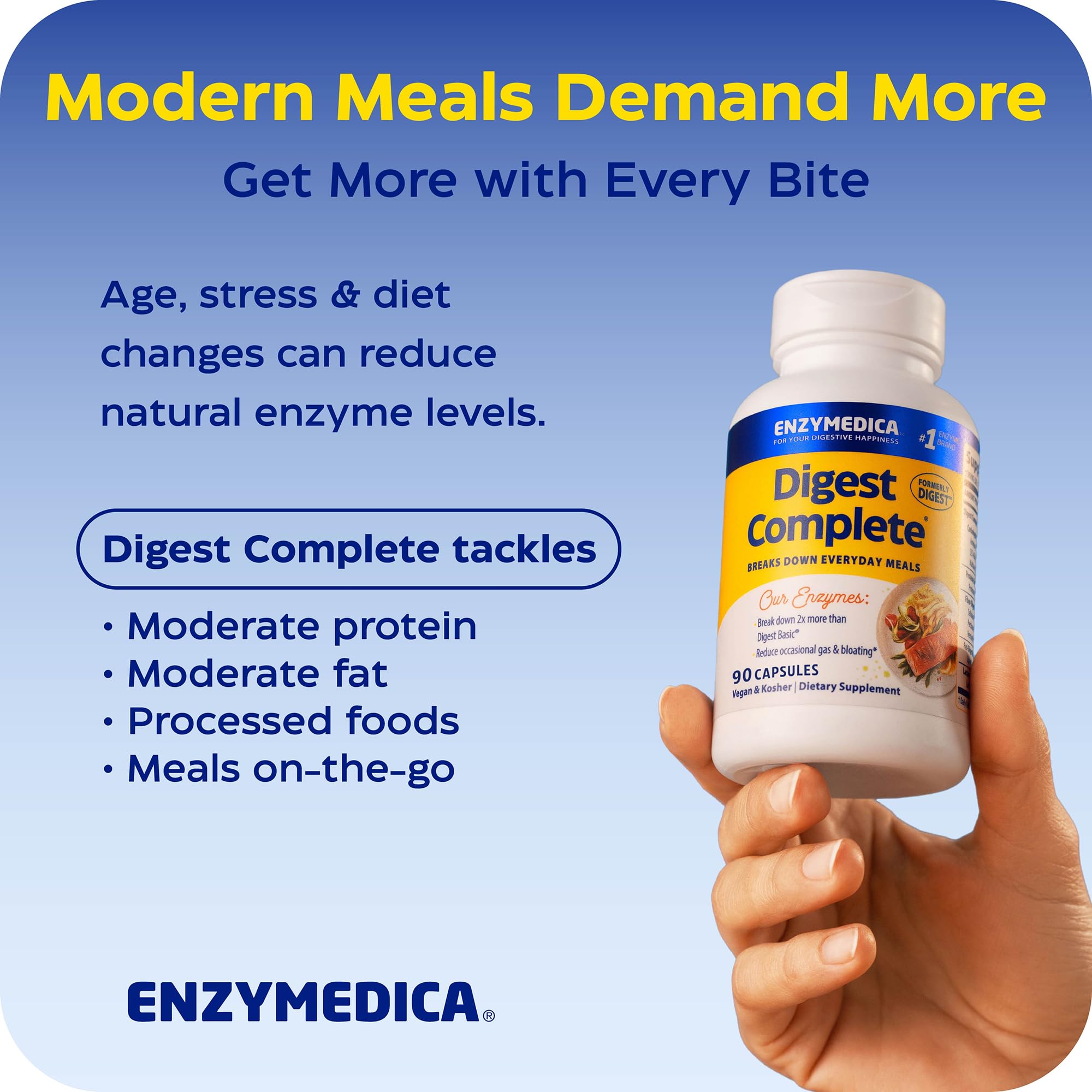 escena de estilo de vida con Enzymedica Digest Complete en una mesa tras la comida