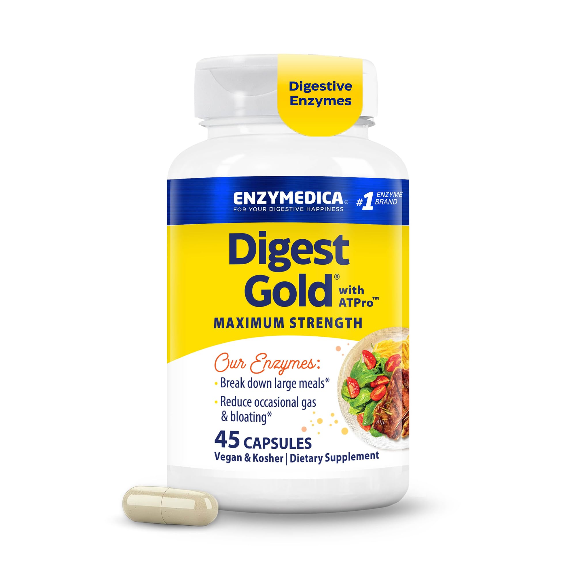 Enzymedica Digest Gold front packaging showing bottle and brand benefits