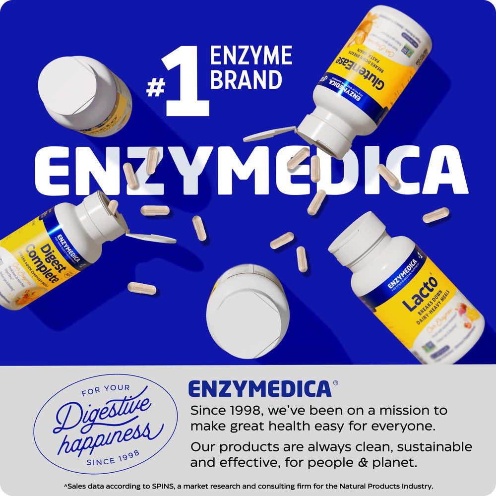 Enzymedica caja abierta con 90 cápsulas dispuestas que muestra cantidad del producto