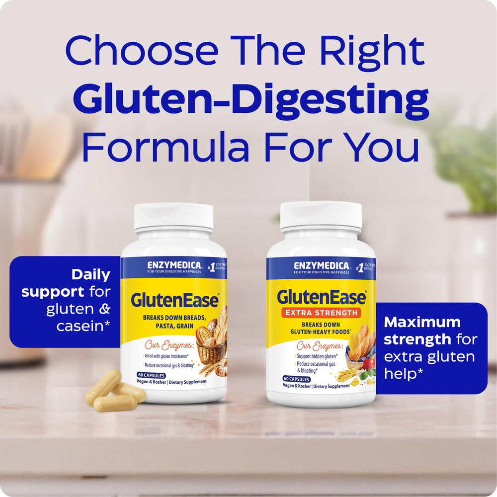 Enzymedica etiqueta de GlutenEase con lista de enzimas y beneficios visibles