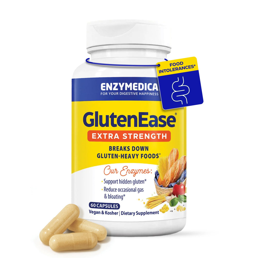 Enzymedica frasco GlutenEase Extra Strength vista frontal mostrando la presentación