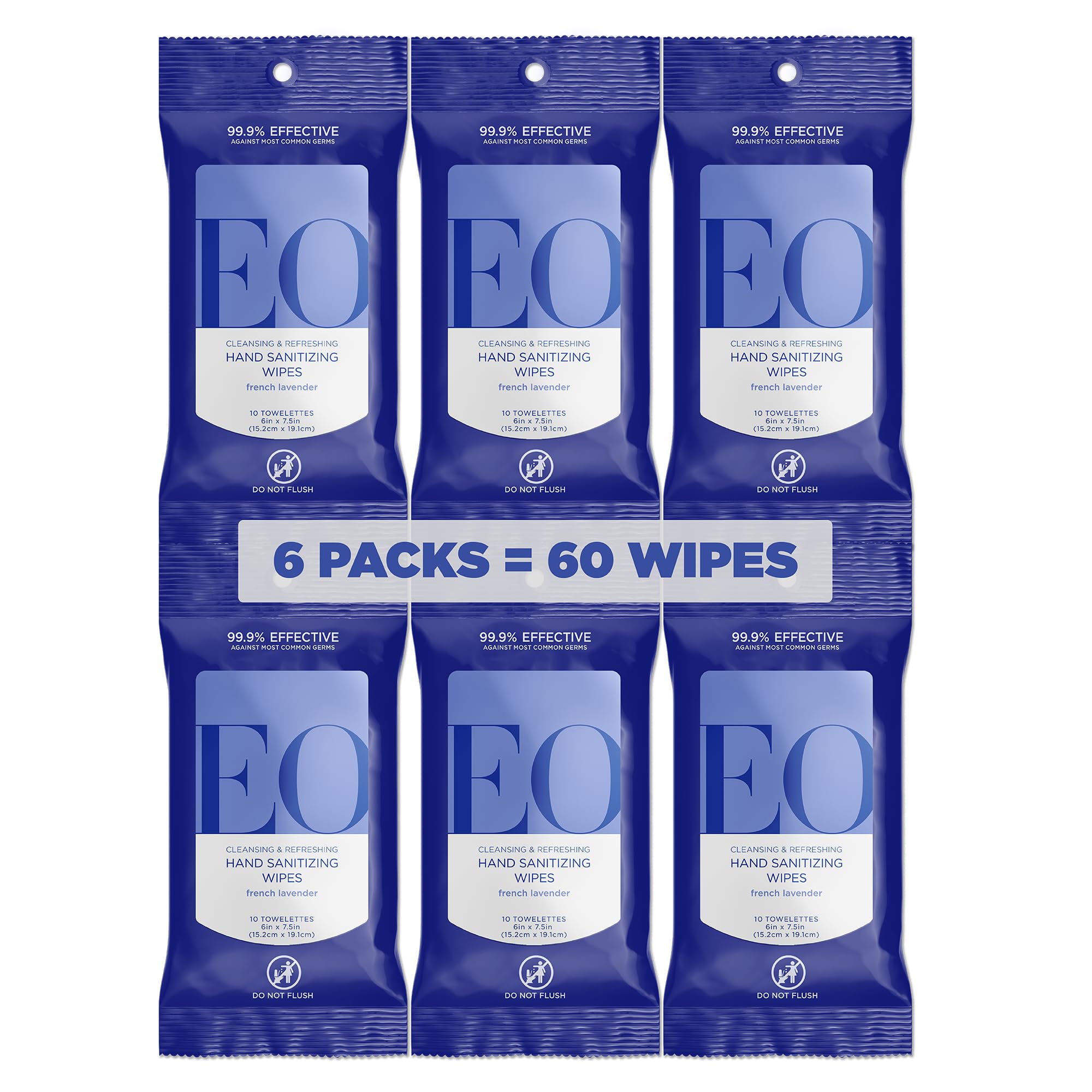 EO front packaging showing six resealable lavender wipe packs and benefits