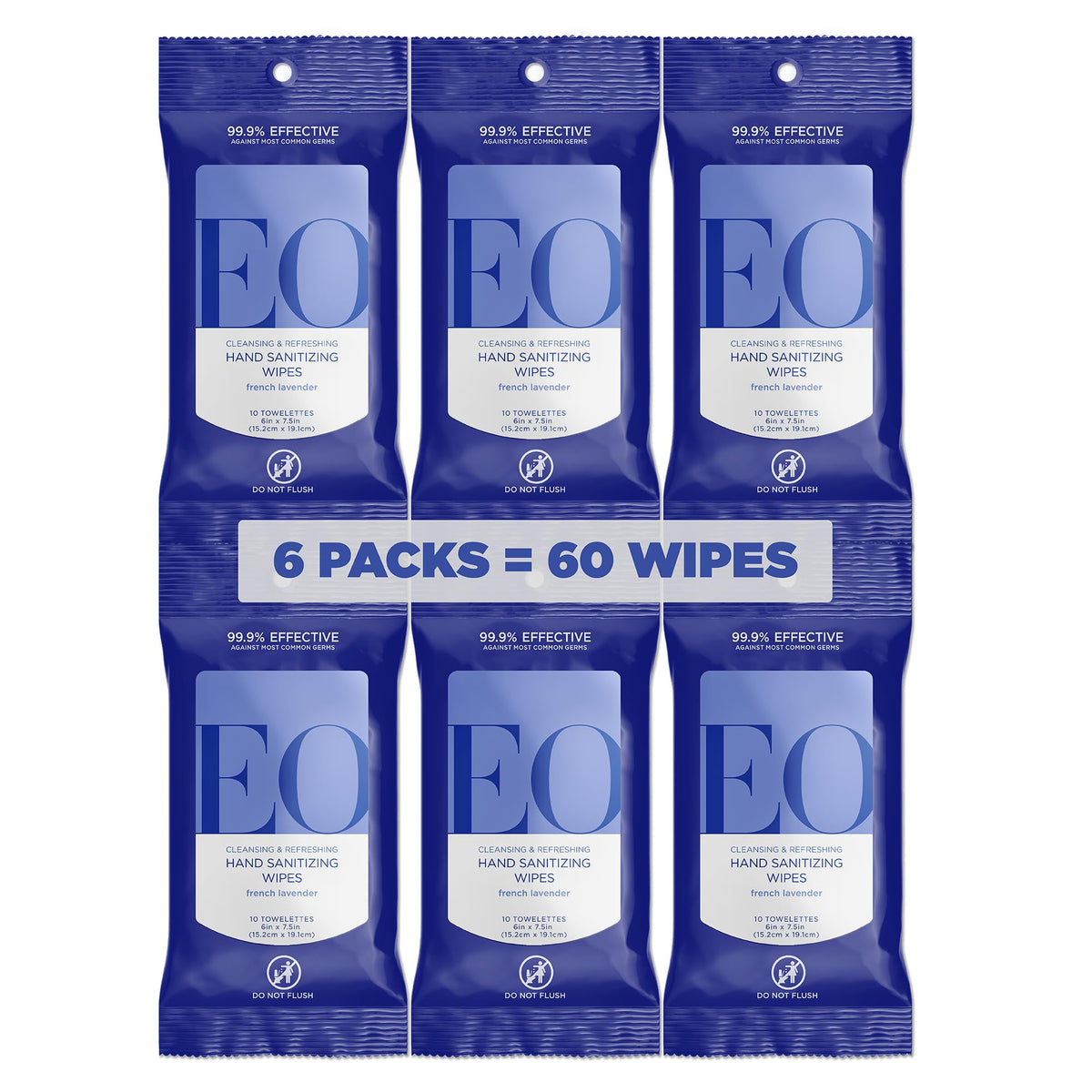 EO front packaging showing six resealable lavender wipe packs and benefits