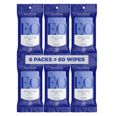 EO front packaging showing six resealable lavender wipe packs and benefits