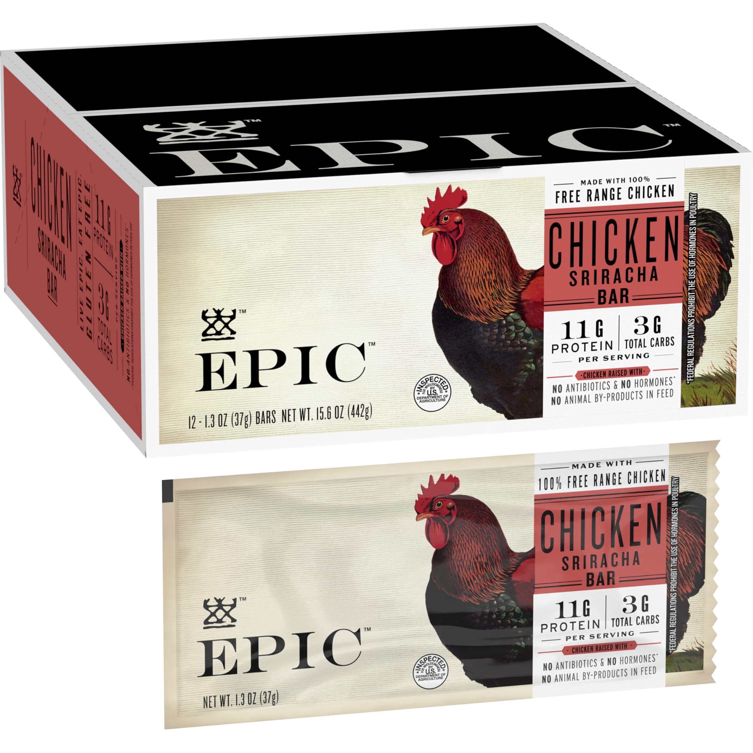 Epic empaque frontal mostrando barras de pollo sriracha y ventaja portable