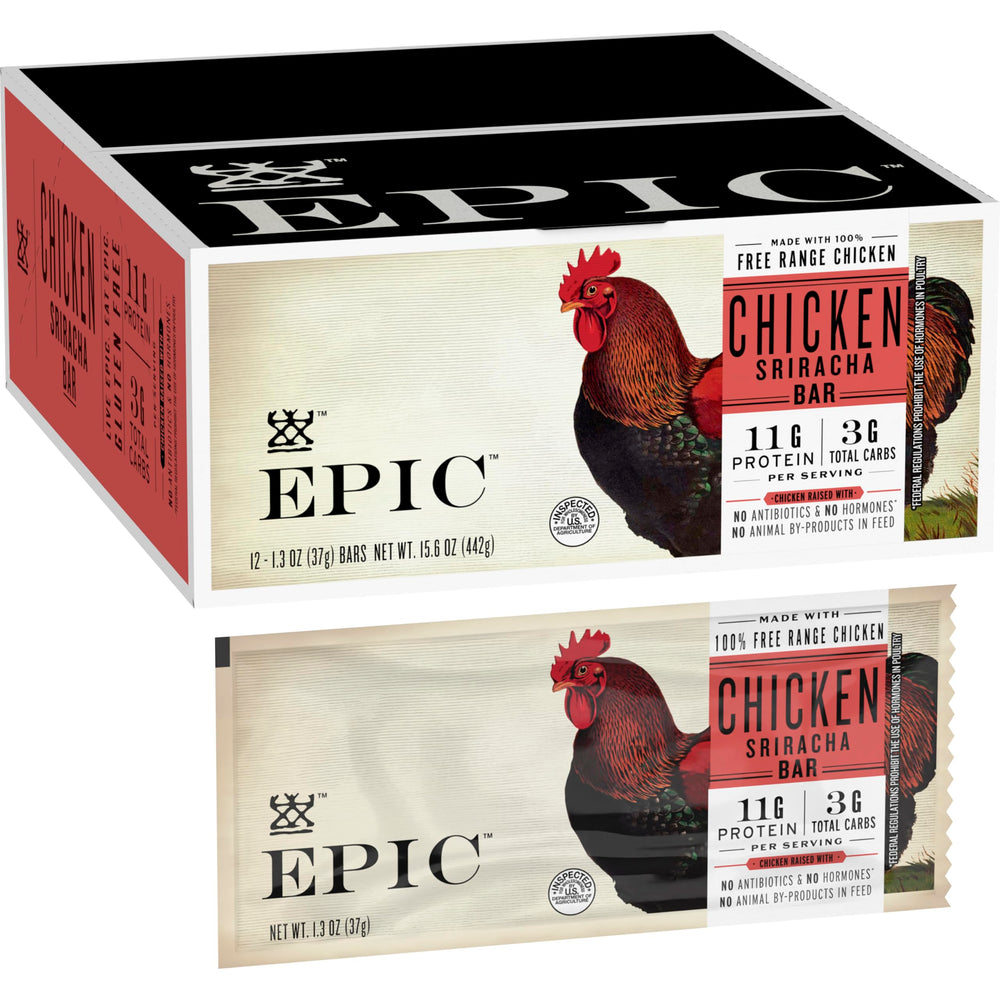 Epic empaque frontal mostrando barras de pollo sriracha y ventaja portable