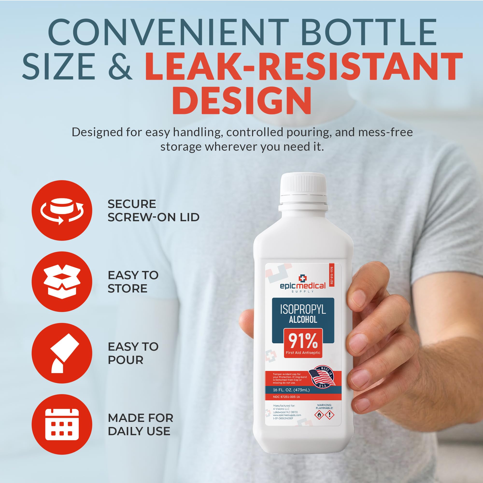 Epic Medical Supply botella abierta vertiendo cantidad controlada para aplicar